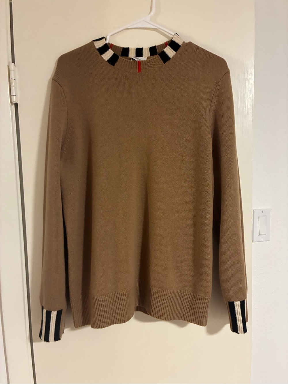 Burberry Camel Crewneck Sweater with Striped Trim